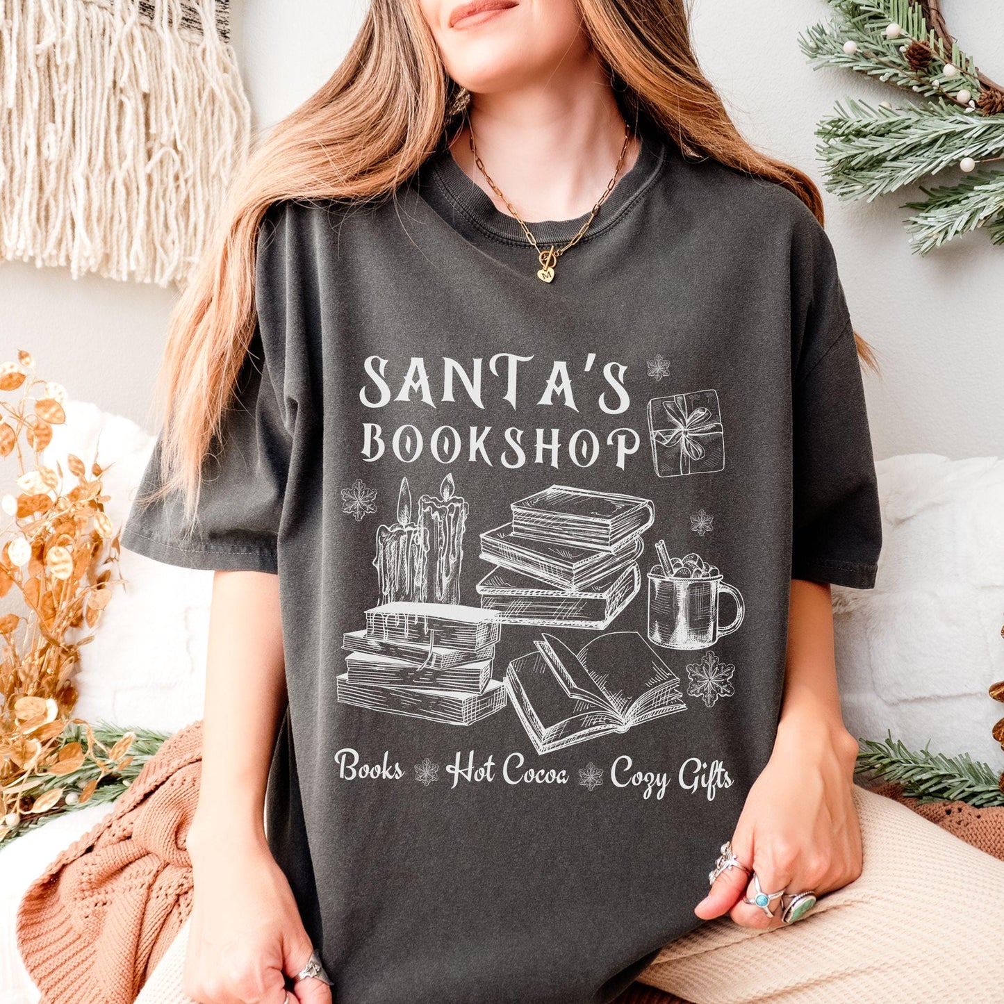 Santa's Bookshop Bookish Christmas Shirt, Bookcore Christmas Tshirt Santa Shirts for Book Lovers Booktok Cozy Christmas Romance Reader Shirt