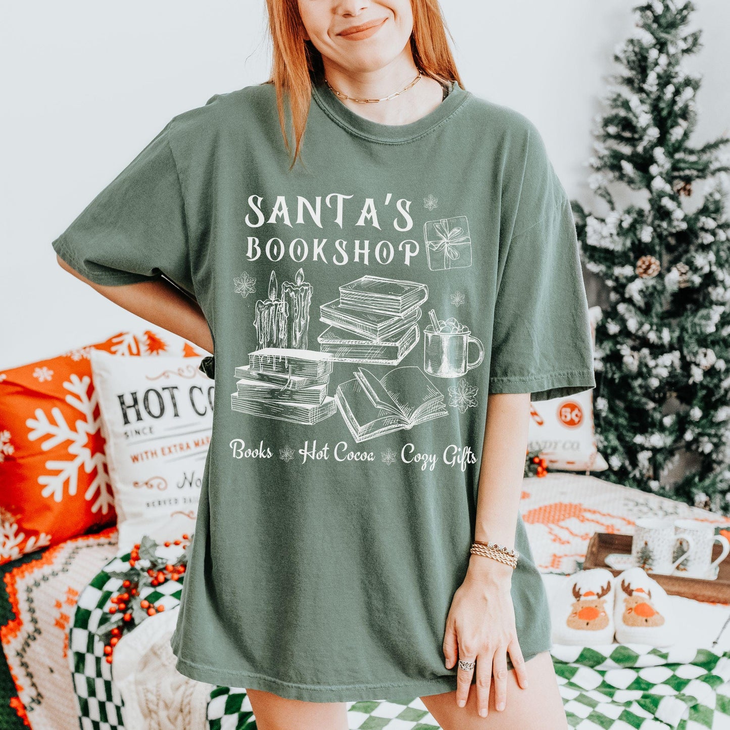 Santa's Bookshop Bookish Christmas Shirt, Bookcore Christmas Tshirt Santa Shirts for Book Lovers Booktok Cozy Christmas Romance Reader Shirt