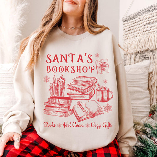 Santa's Bookshop Christmas Reading Sweater, Book Lover Sweater Light Academia Sweatshirt Bookish Christmas Things Vintage Santa Sweatshirt