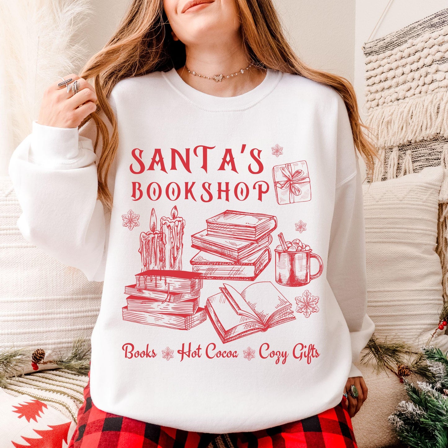 Santa's Bookshop Christmas Reading Sweater, Book Lover Sweater Light Academia Sweatshirt Bookish Christmas Things Vintage Santa Sweatshirt