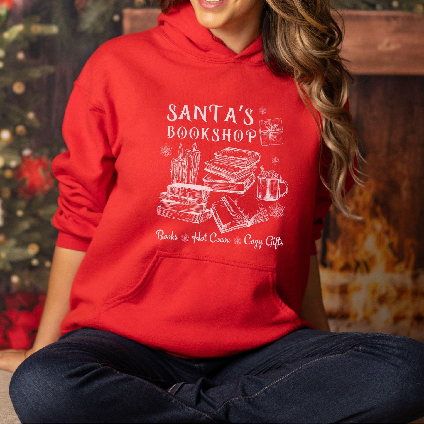 Santa's Bookshop Hoodie, Bookish Christmas Bookcore Santa Sweatshirt for Book Lover Booktok Cozy Holiday Romance Reader Reading Hoodie