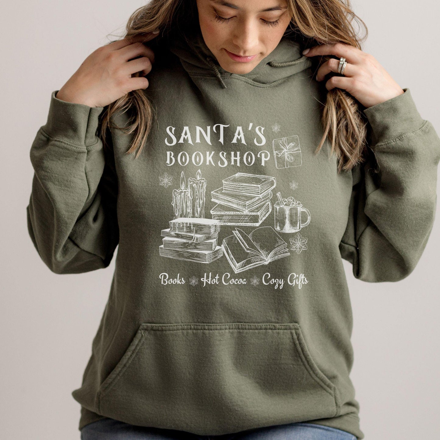 Santa's Bookshop Hoodie, Bookish Christmas Bookcore Santa Sweatshirt for Book Lover Booktok Cozy Holiday Romance Reader Reading Hoodie