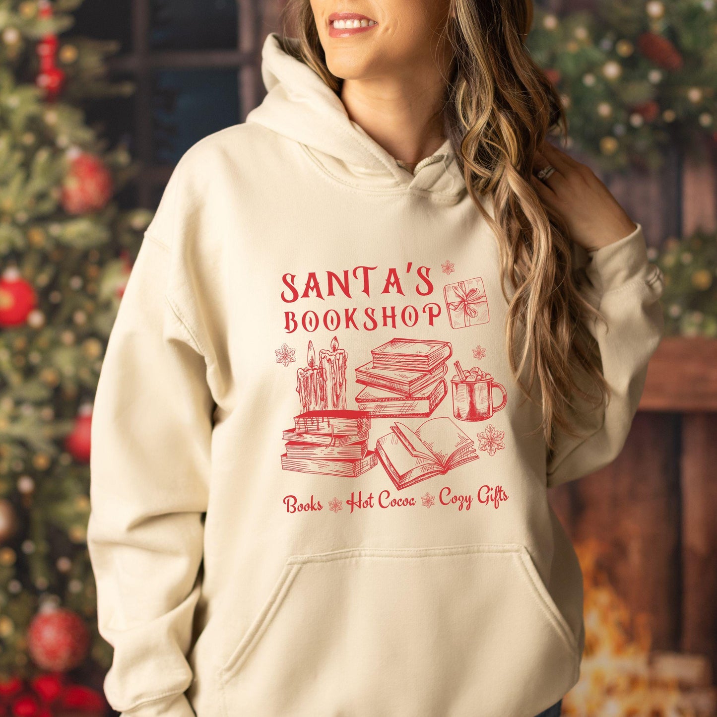 Santa's Bookshop Hoodie, Bookish Christmas Bookcore Santa Sweatshirt for Book Lover Booktok Cozy Holiday Romance Reader Reading Hoodie
