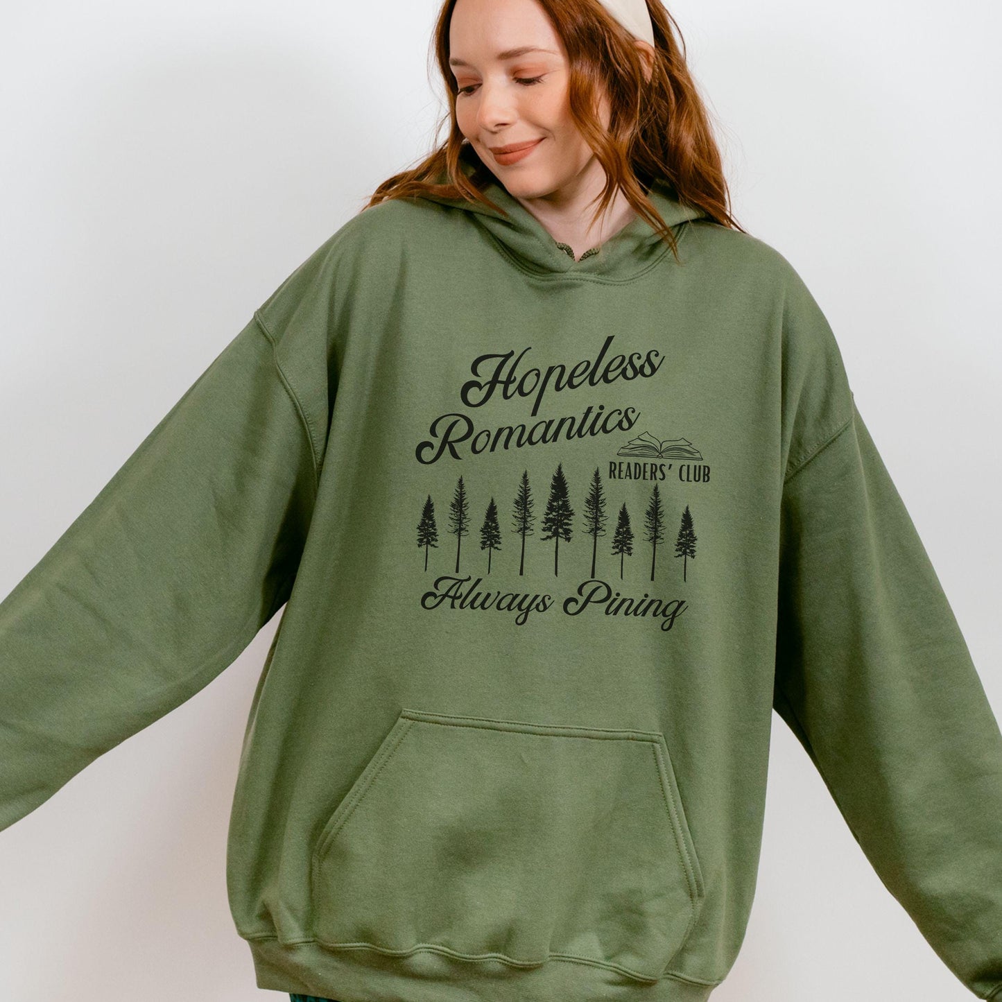 Hopeless Romantics Readers Club Hoodie, Pine Tree Hoodie Fantasy Romance Romantasy Reader Sweatshirt Nature Granola Girl Bookish Hoodie