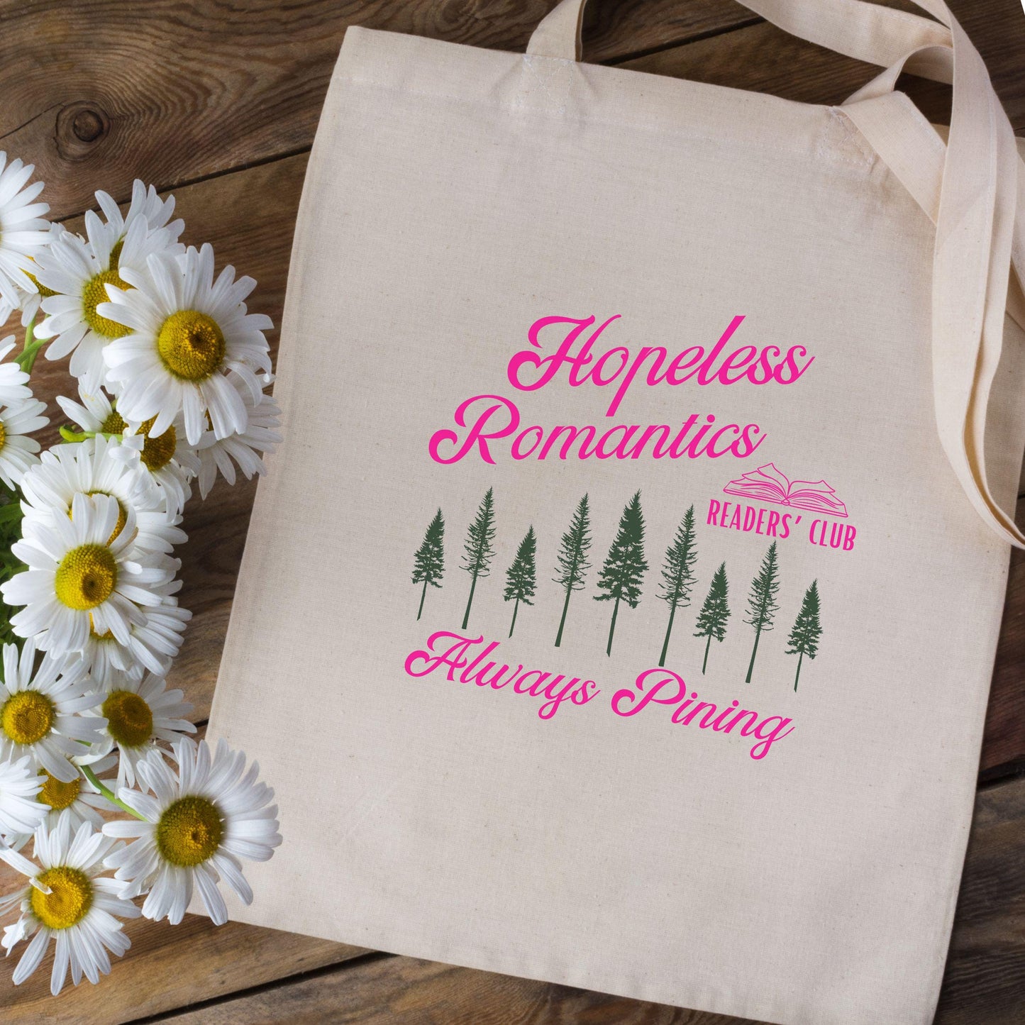 Hopeless Romantics Reader Club Pine Tree Tote Bag, Dark Romance Romantasy Reader Gift Nature Bag Bookish Granola Girl Library Bookstore Bag