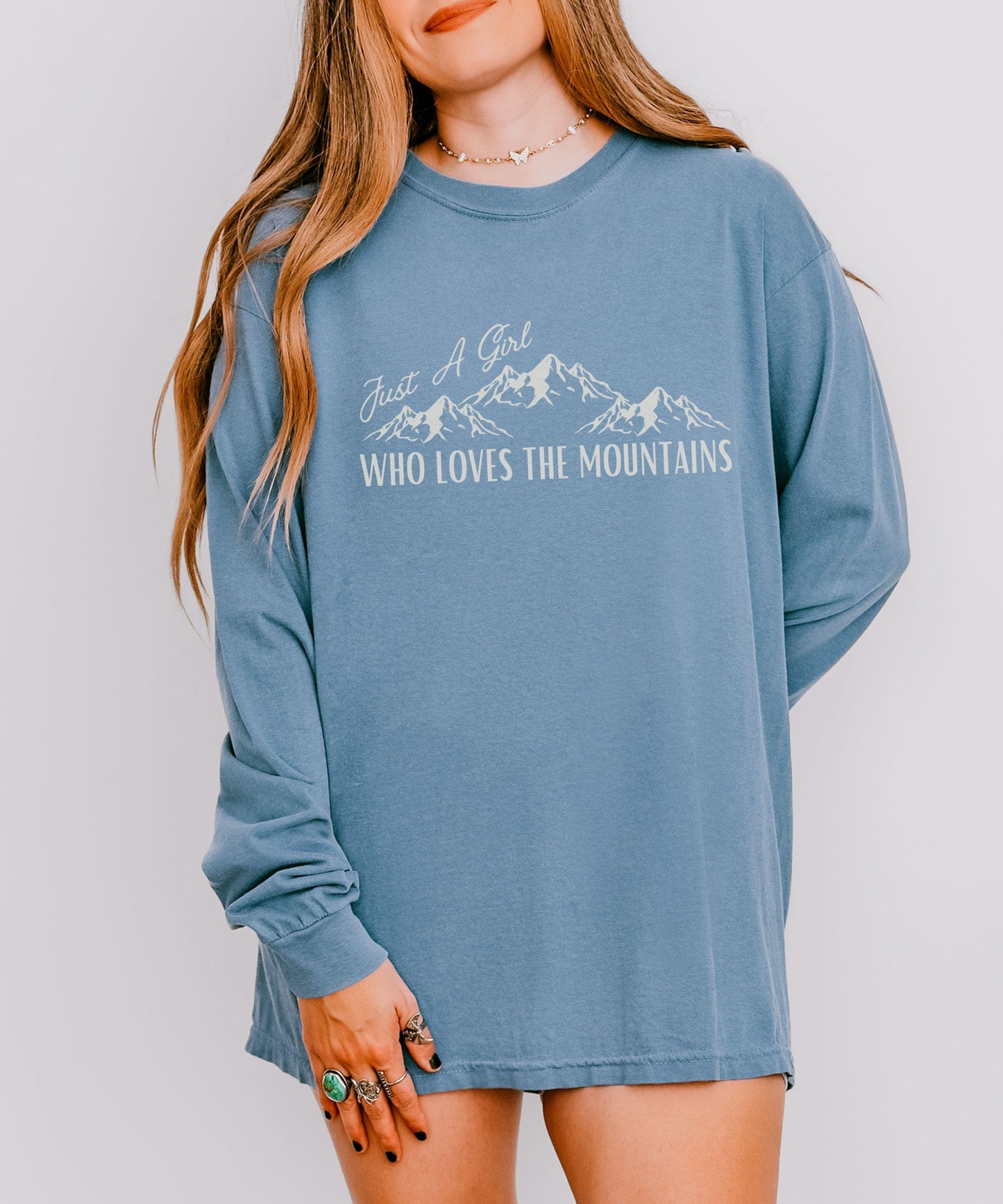 Just A Girl Who Loves The Mountains Long Sleeve Tshirt, Granola Girl Naturecore Tshirt Mountain Lover Forestcore Shirt, Camping Shirt