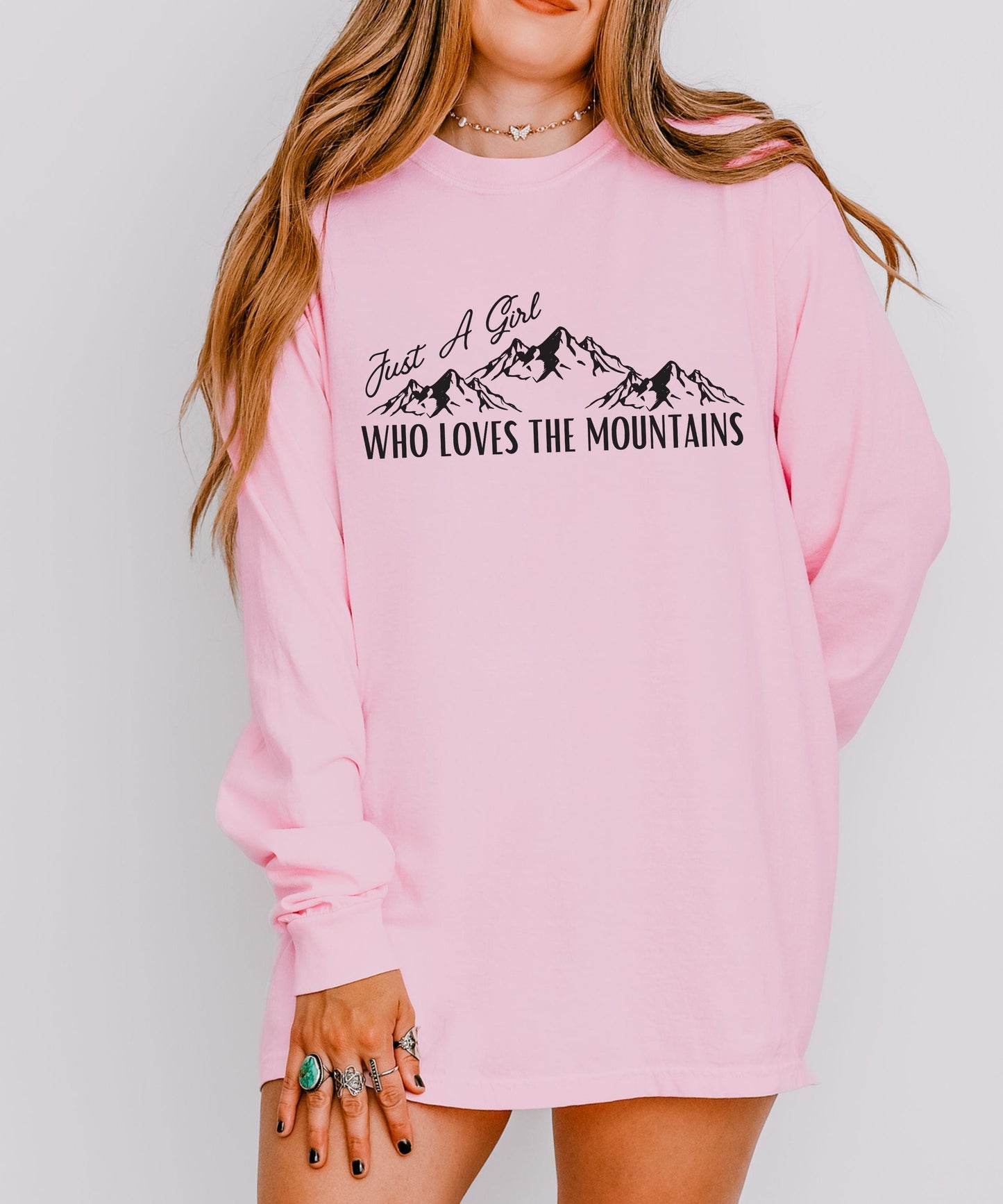 Just A Girl Who Loves The Mountains Long Sleeve Tshirt, Granola Girl Naturecore Tshirt Mountain Lover Forestcore Shirt, Camping Shirt