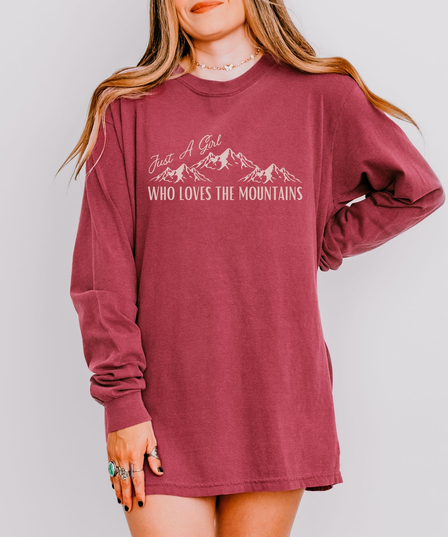 Just A Girl Who Loves The Mountains Long Sleeve Tshirt, Granola Girl Naturecore Tshirt Mountain Lover Forestcore Shirt, Camping Shirt