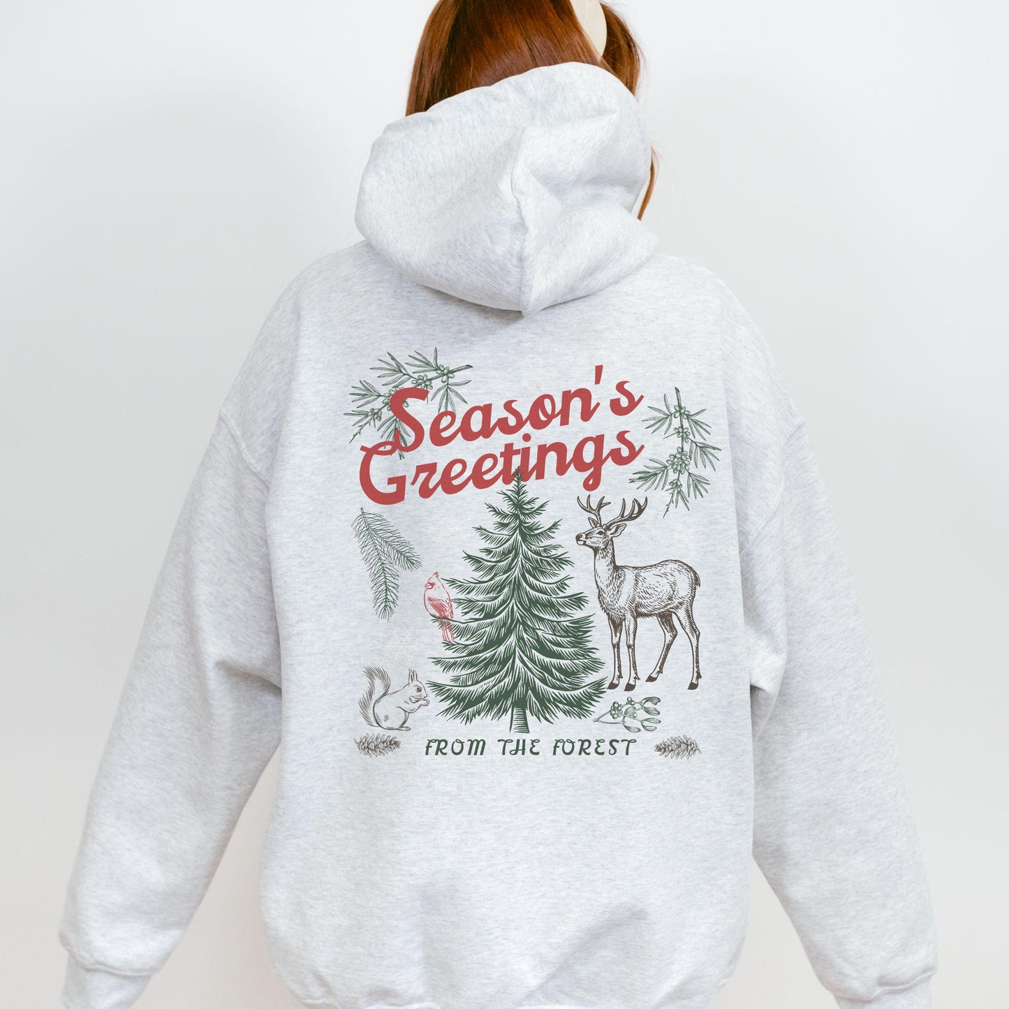 Season's Greetings Forest Nature Lover Christmas Hoodie, Forest Core Animals Retro Holiday Pine Tree Granola Girl Reindeer Sweatshirt