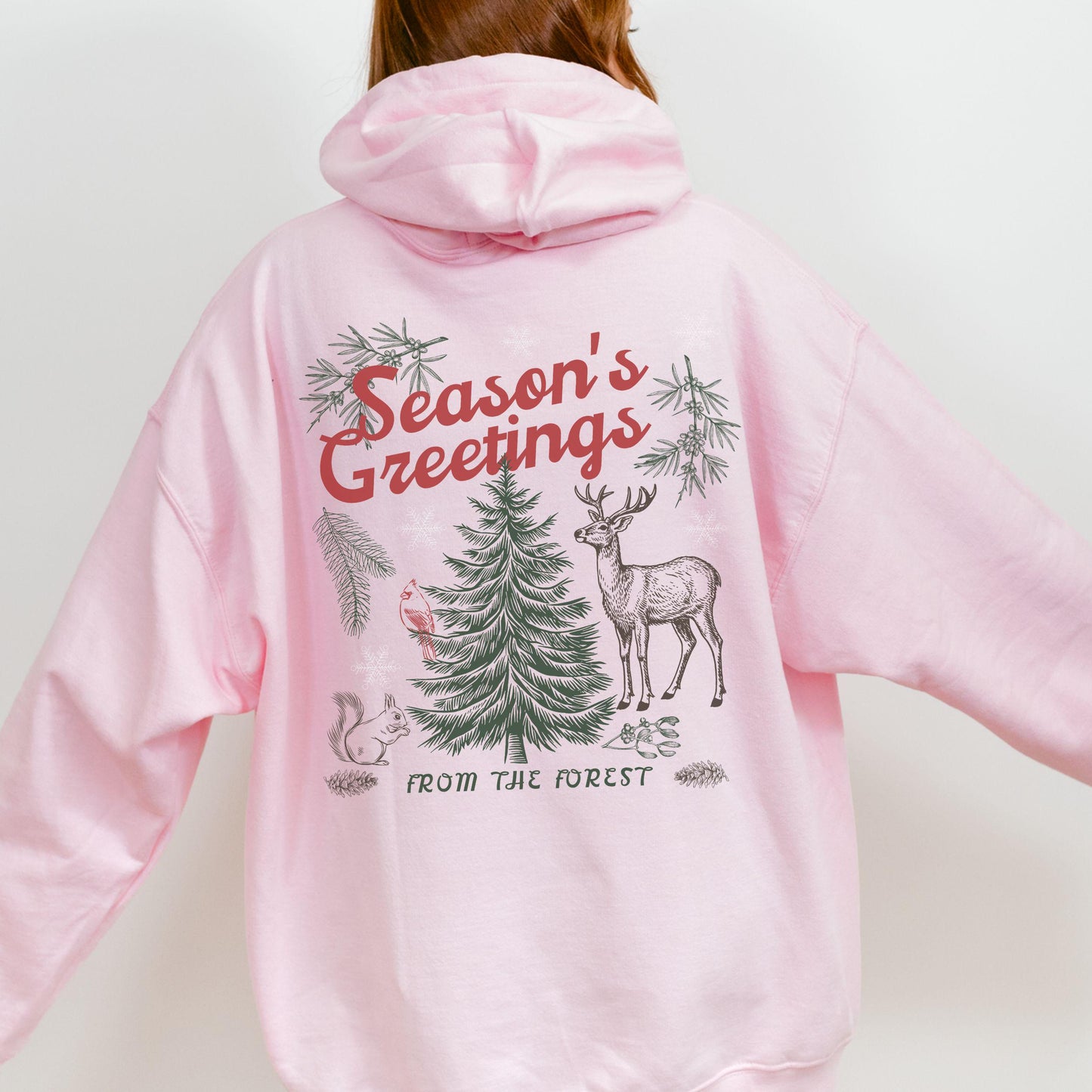 Season's Greetings Forest Nature Lover Christmas Hoodie, Forest Core Animals Retro Holiday Pine Tree Granola Girl Reindeer Sweatshirt