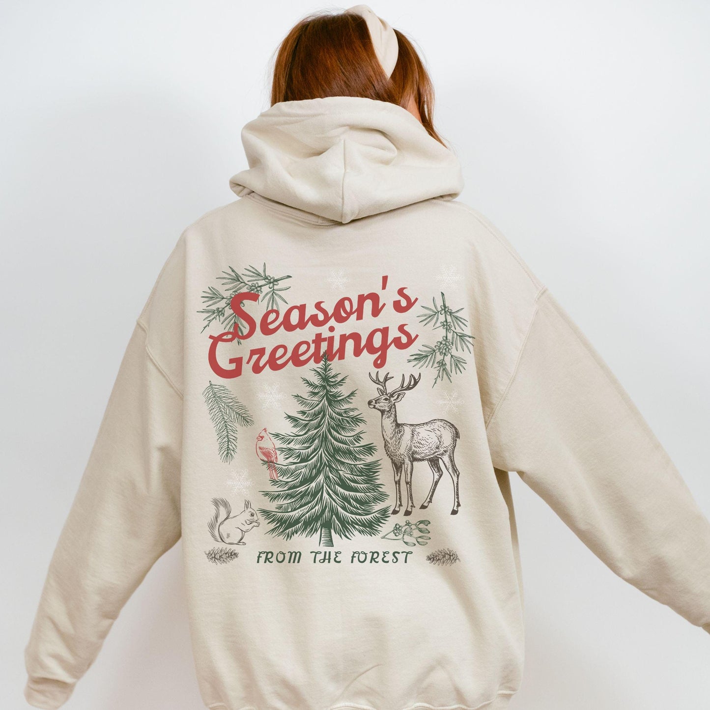 Season's Greetings Forest Nature Lover Christmas Hoodie, Forest Core Animals Retro Holiday Pine Tree Granola Girl Reindeer Sweatshirt