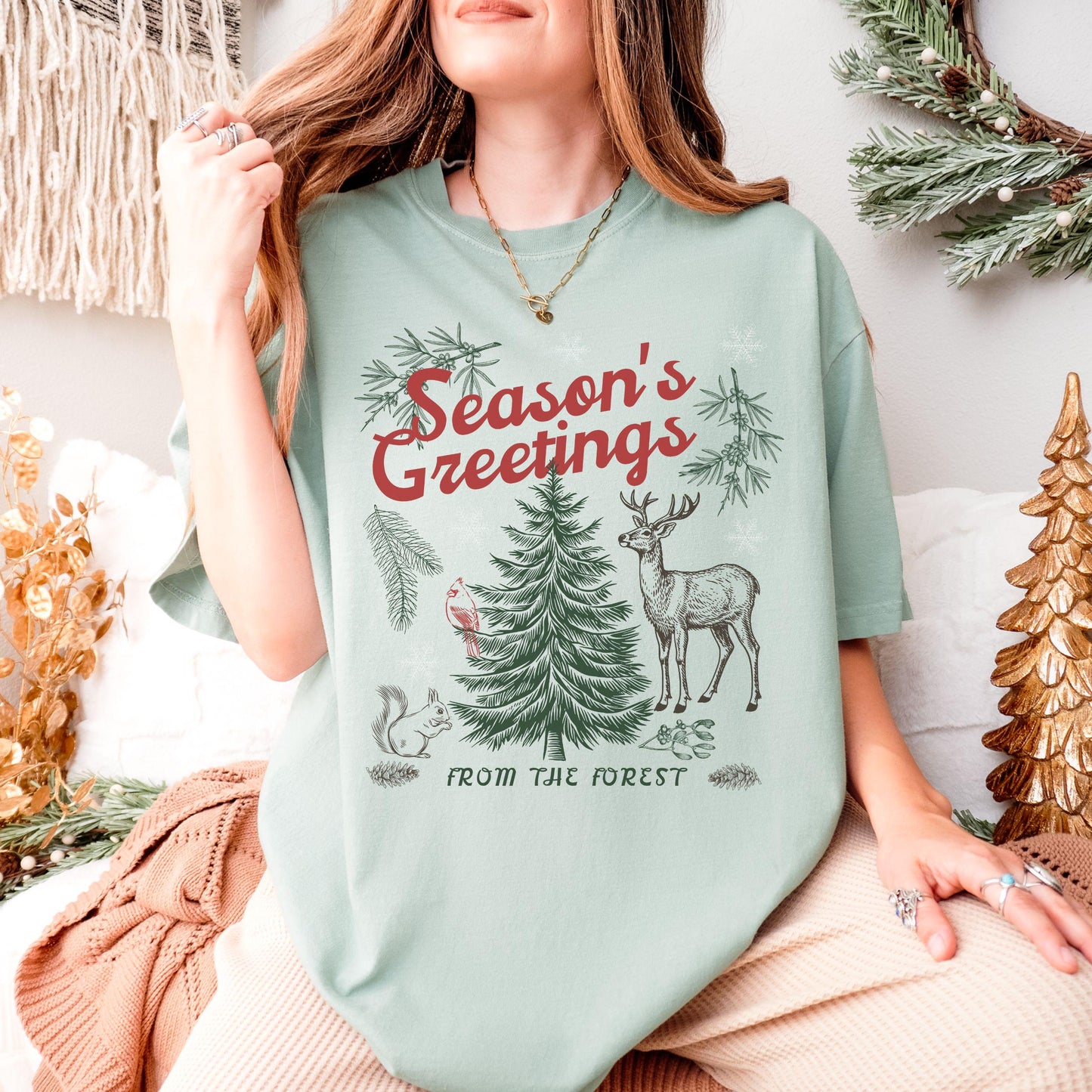 Forest Animals Nature Lover Christmas Shirt, ForestCore Retro Pine Tree Shirt, Granola Girl Nature Core Reindeer Shirt Nordic Christmas Tee