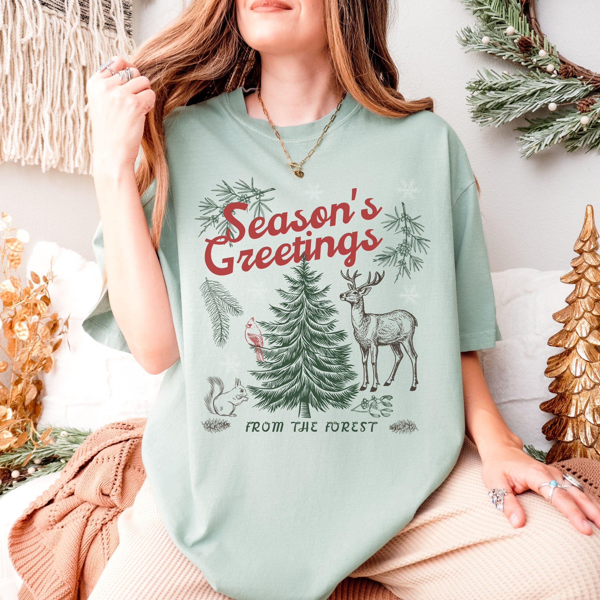 Forest Animals Nature Lover Christmas Shirt, ForestCore Retro Pine Tree Shirt, Granola Girl Nature Core Reindeer Shirt Nordic Christmas Tee