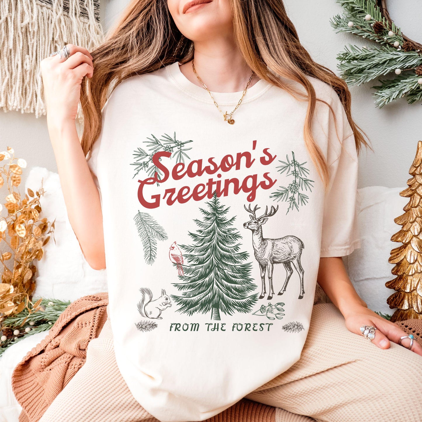 Forest Animals Nature Lover Christmas Shirt, ForestCore Retro Pine Tree Shirt, Granola Girl Nature Core Reindeer Shirt Nordic Christmas Tee