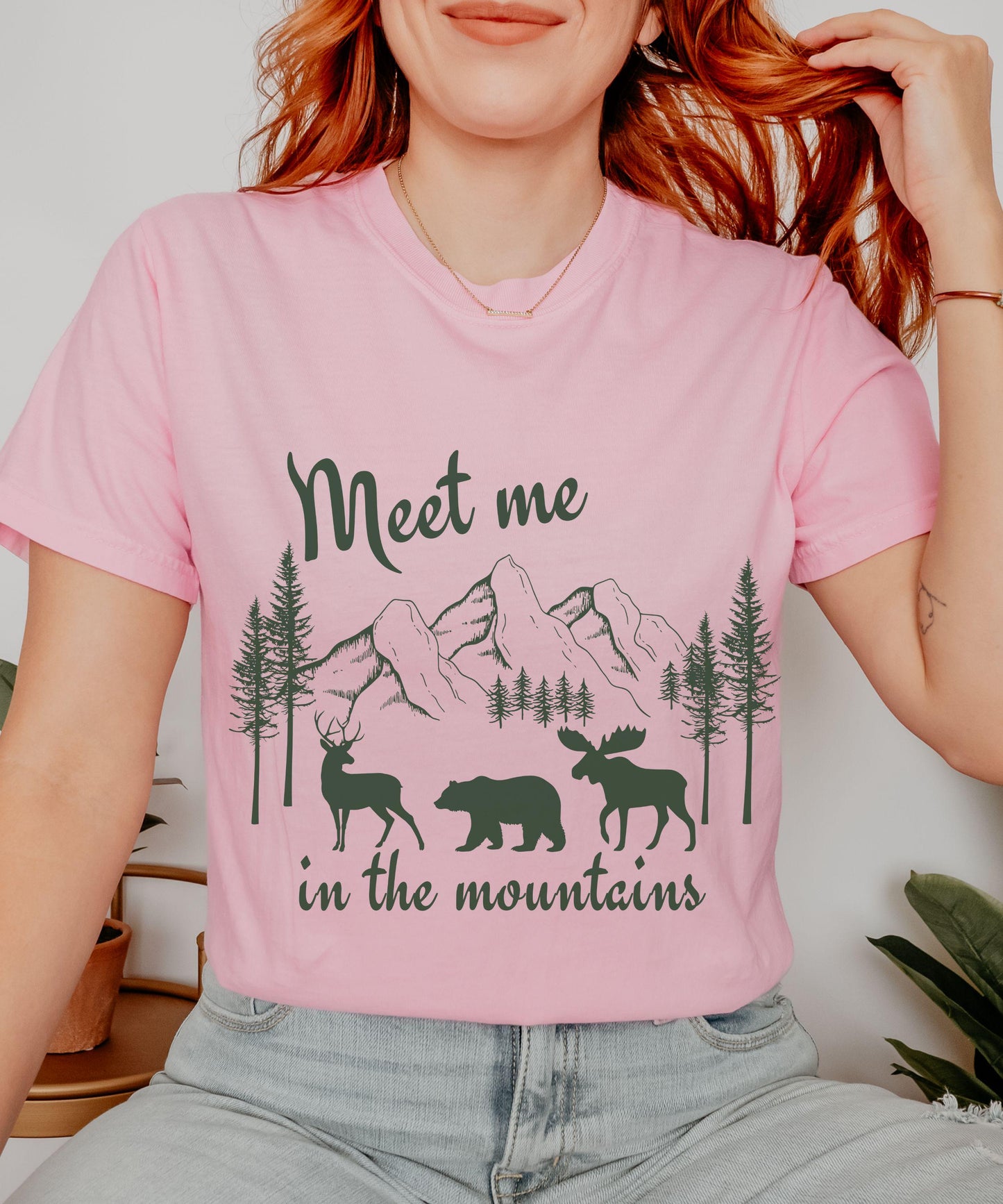 Meet Me In The Mountains Shirt, Forest Animal Nature Core Forestcore Granola Girl Nature Lover Hiking Tshirt Deer Bear Moose Ecology Shirt