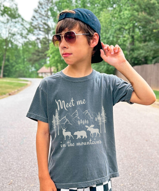 Meet Me in the Mountains Shirt Kids, Mountain Animal Lover Shirt Deer Bear Moose Shirt, Neutral Kids Clothes Naturecore Granola Colorado Tee