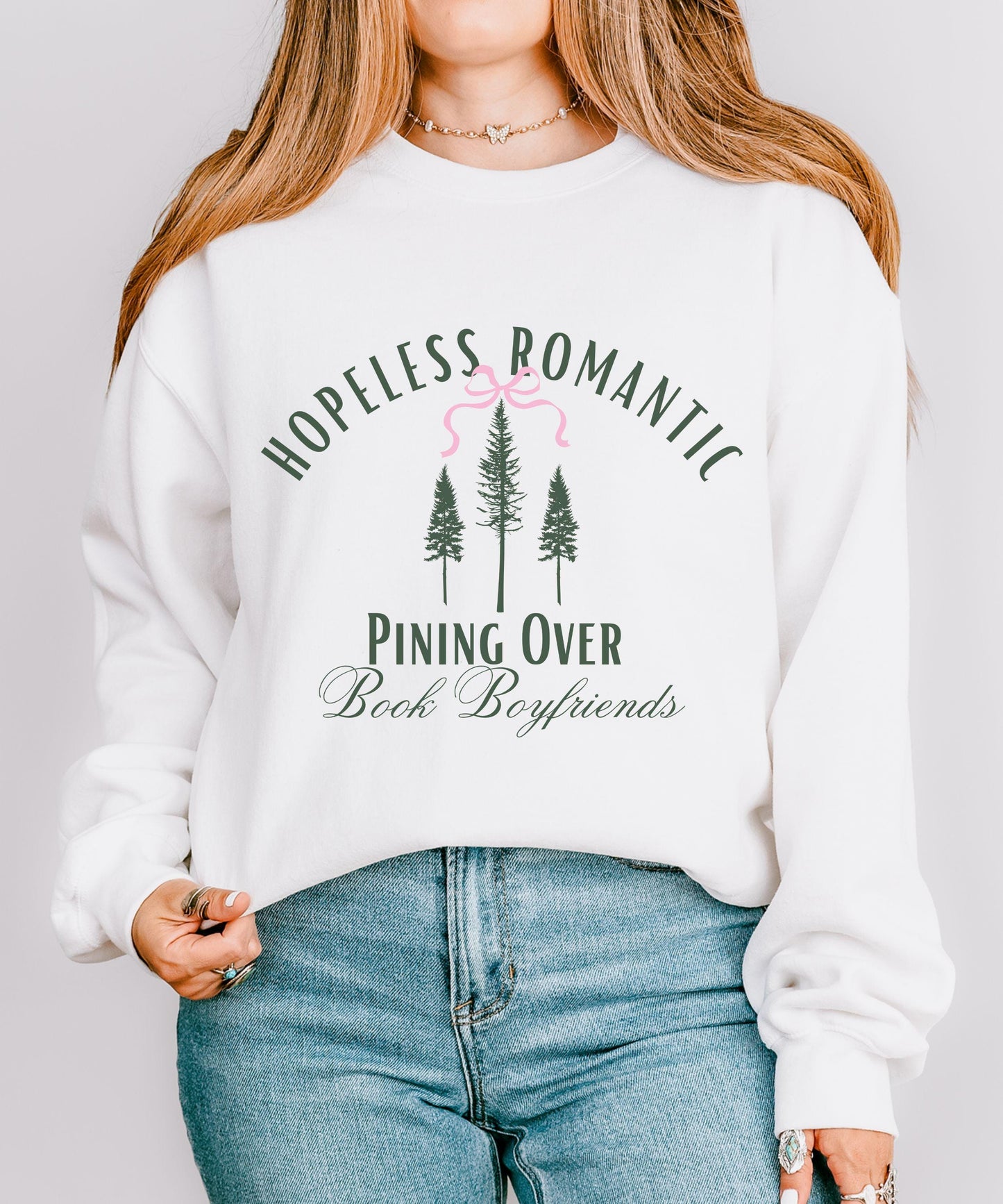 Hopeless Romantic Book Boyfriends Sweatshirt, Pine Tree Naturecore Forest Core Bookish Bow Sweatshirt Balletcore Romance Reader Sweatshirt