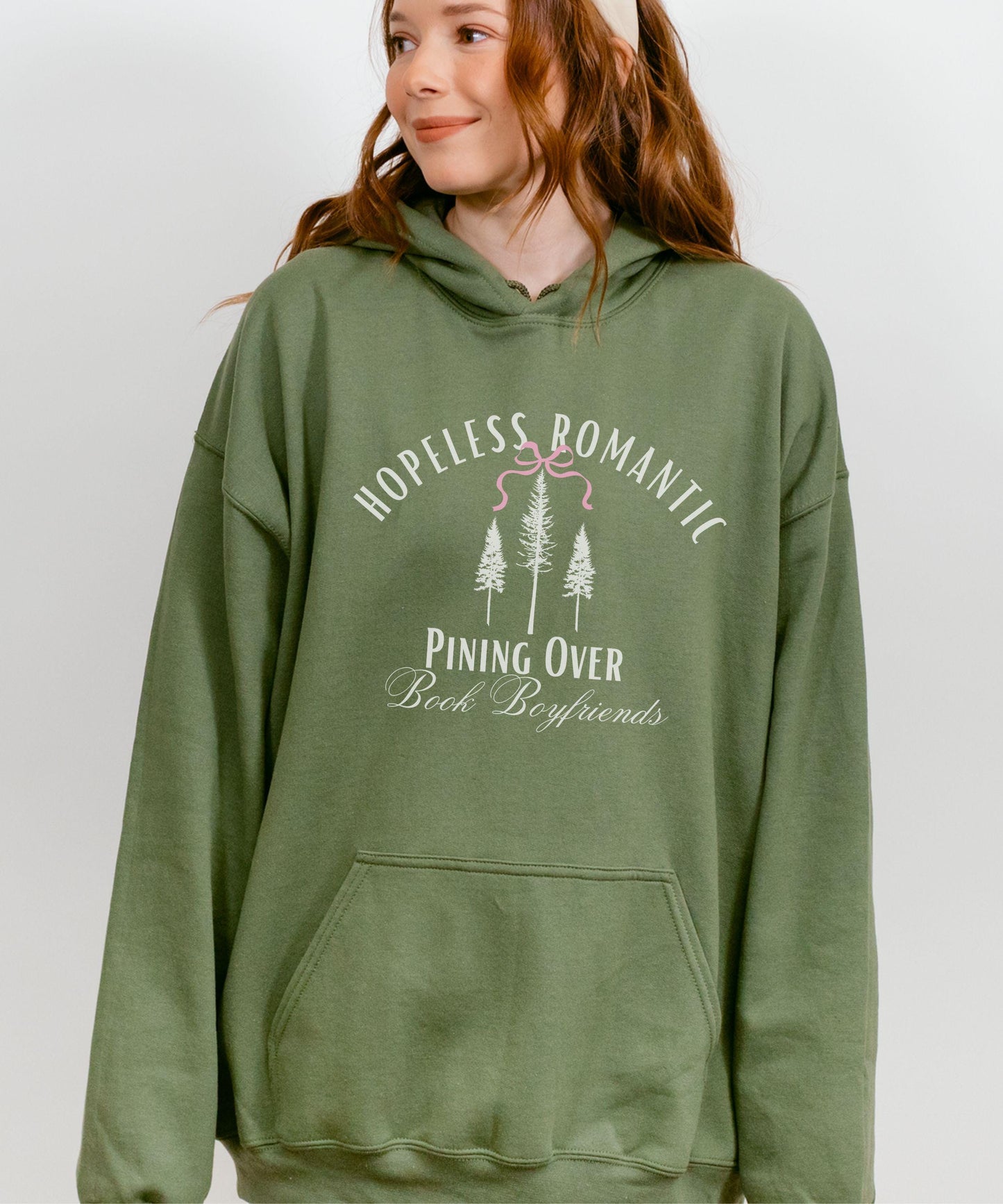 Hopeless Romantic Book Boyfriends Hoodie, Pine Tree Hoodie Naturecore ForestCore Bookish Bow Sweatshirt Balletcore Romance Reader Sweatshirt