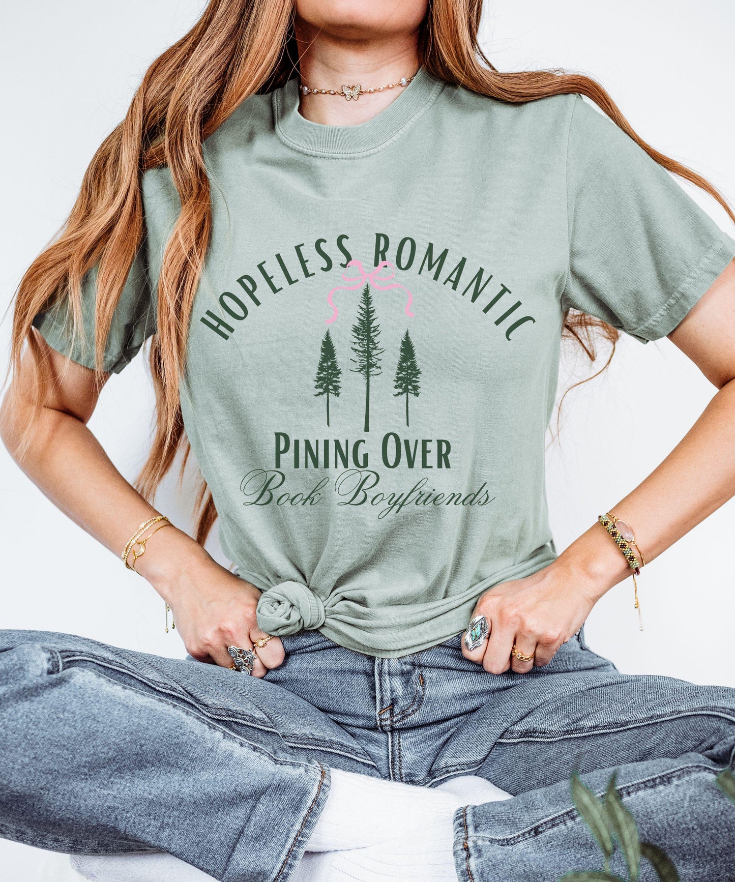 Hopeless Romantic Shirt, Book Boyfriends Shirt Pine Tree Naturecore ForestCore Bookish Bow Tshirt Balletcore Romantasy Romance Reader Shirt