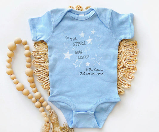 To The Stars Who Listen Baby Bodysuit, Velaris Baby Clothes, Starfall ACOMAF Baby Licensed Sarah J Maas Merch SJM Bookish Baby Shower Gift