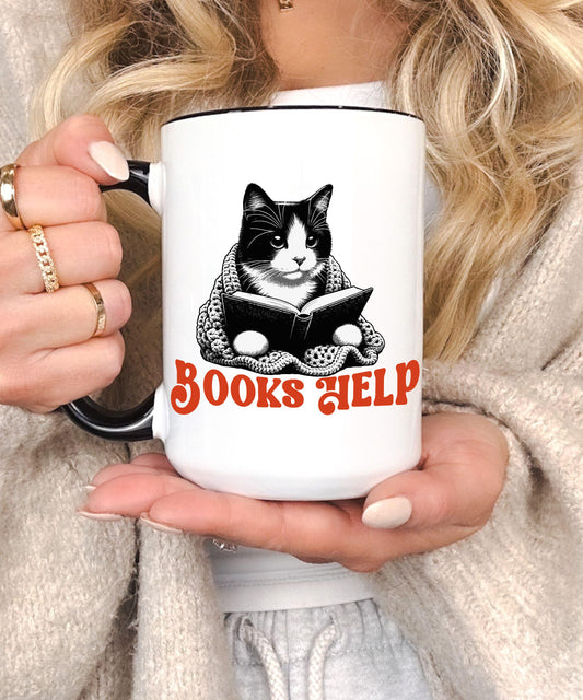 Books Help Coffee Mug, Tuxedo Cat Bookish Mug Bookish Things Bookish Shops Booklover Gifts Self Care Mug, Mental Health Cat Reader Gift