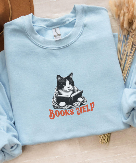 Tuxedo Cat Sweatshirt, Books Help Tuxedo Cat Gifts, Cutecore Bookish Things, Booklover Gifts Book Nerd Shirt Self Care Reading Sweatshirt