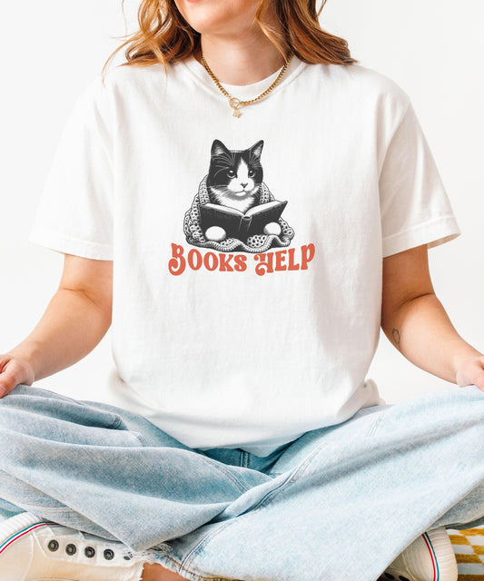 Tuxedo Cat Shirt, Books Help Reading Shirt, Tuxedo Cat Gifts, Bookish Things, Cutecore Booklover Gifts Mental Health Self Care Book Shirt