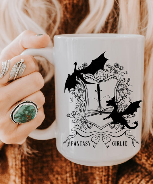 Fantasy Girlie Dragon Mug, Fantasy Romance Reader Coffee Mug, Romantasy Merch Castlecore Bookish Things Dark Coquette Bookish Dragon Gifts