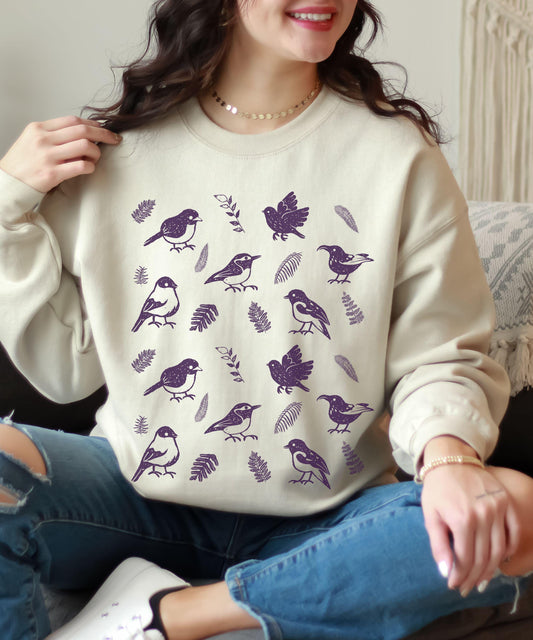 Bird Sweatshirt Linocut Sweatshirt, Bird Sweater Bird Watching Shirt, Womensclothing Cottage Core Clothes, Nature Lover Sweatshirt Bird Gift