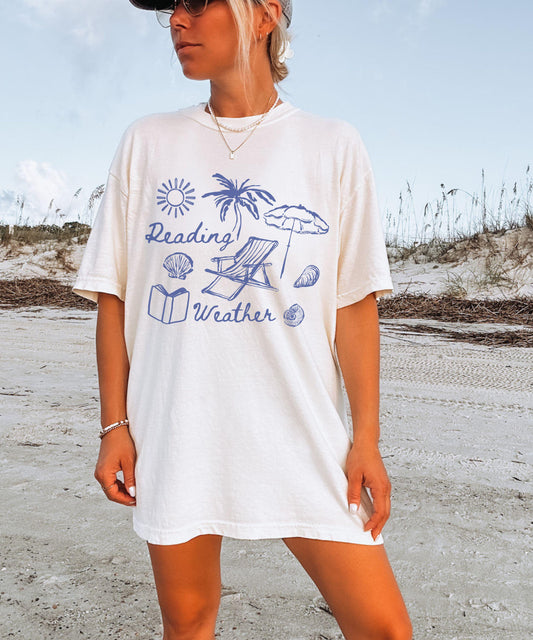 Reading Weather Beach Shirt Bookish Things, Oceancore Coconut Girl Book Girl Summer Reading Shirt Booklover Gifts Old Money Aesthetic Tee