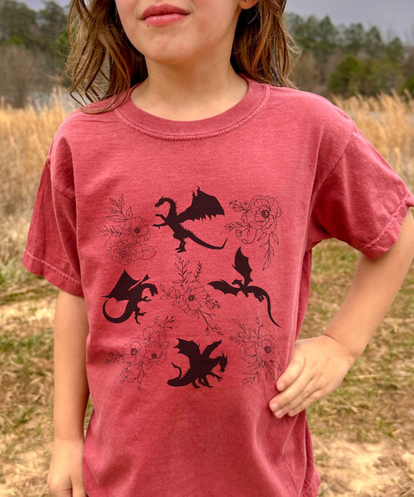 Dragon Shirt Kids, Dark Academia Kids Fantasy Reader Shirt Royal Core, Whimsigoth Clothes Ren Faire Shirt Girl Floral Dragon Lover Gift Girl