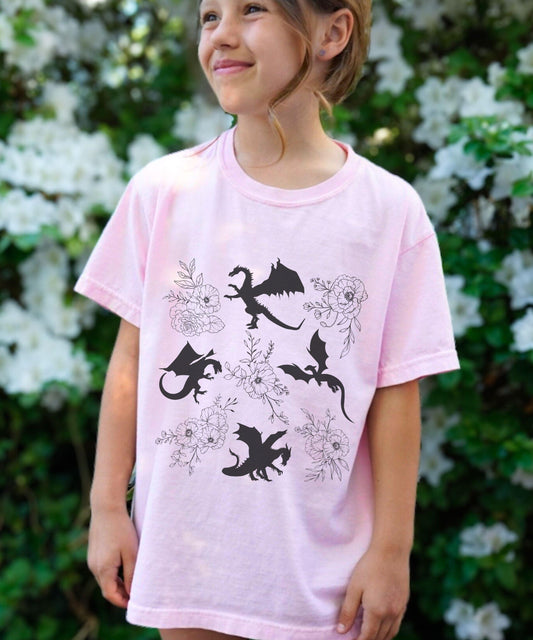 Dragon Shirt Kids, Dark Academia Kids Fantasy Reader Shirt Royal Core, Whimsigoth Clothes Ren Faire Shirt Girl Floral Dragon Lover Gift Girl