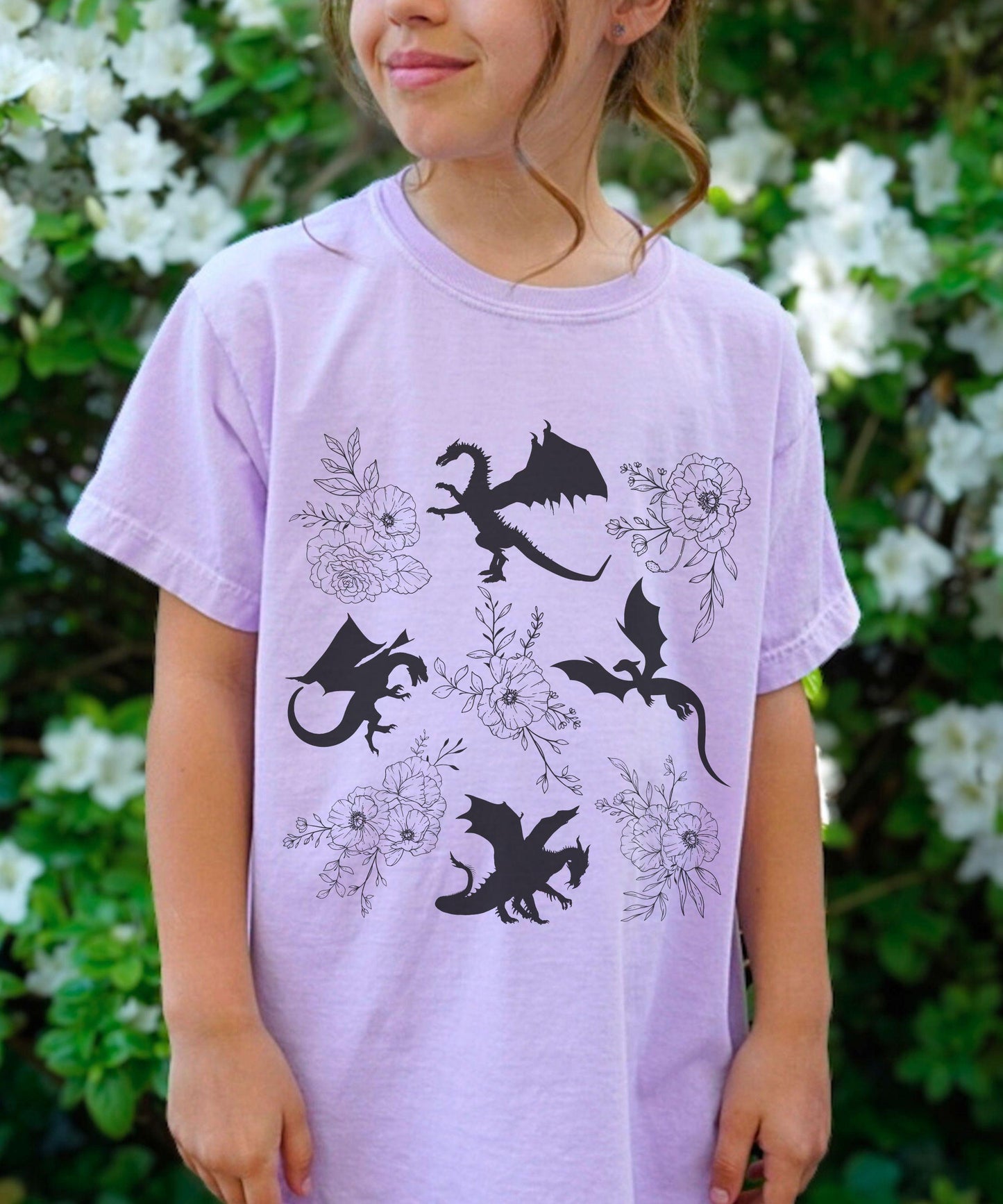 Dragon Shirt Kids, Dark Academia Kids Fantasy Reader Shirt Royal Core, Whimsigoth Clothes Ren Faire Shirt Girl Floral Dragon Lover Gift Girl