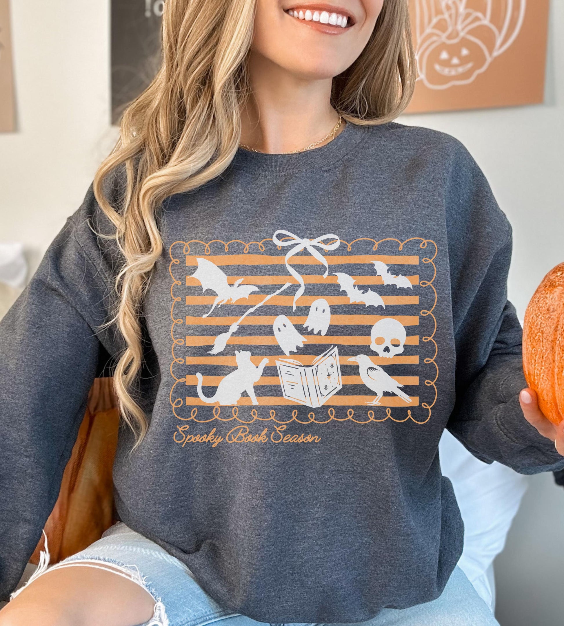 Spooky Book Season Sweatshirt, Fall Booklover Bookish Halloween Sweatshirt Ghost Reading Book Sweatshirt Coquette Halloween Book Club Shirt