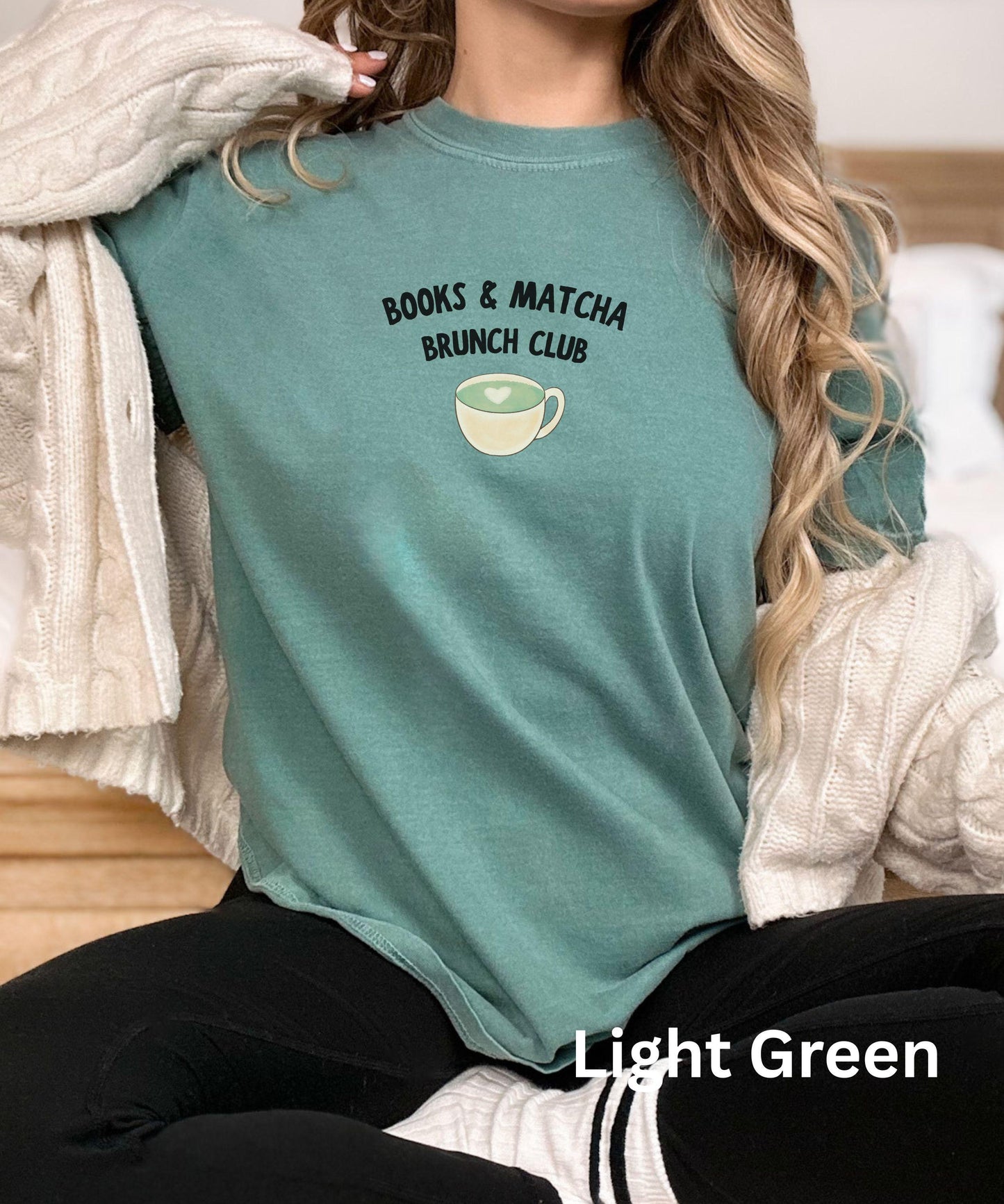 Books & Matcha Shirt, Brunch Club Shirt, Matcha Gift for Booklover Minimalist Bookish Shirt Matcha Latte Reader Shirt Breakfast Brunch Shirt