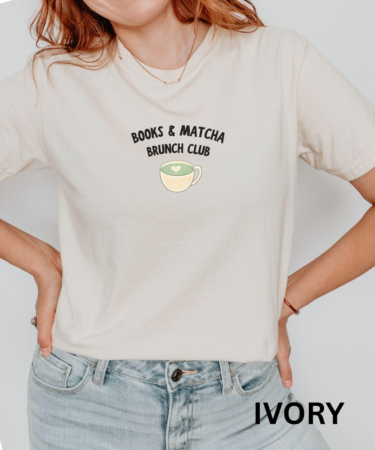 Books & Matcha Shirt, Brunch Club Shirt, Matcha Gift for Booklover Minimalist Bookish Shirt Matcha Latte Reader Shirt Breakfast Brunch Shirt