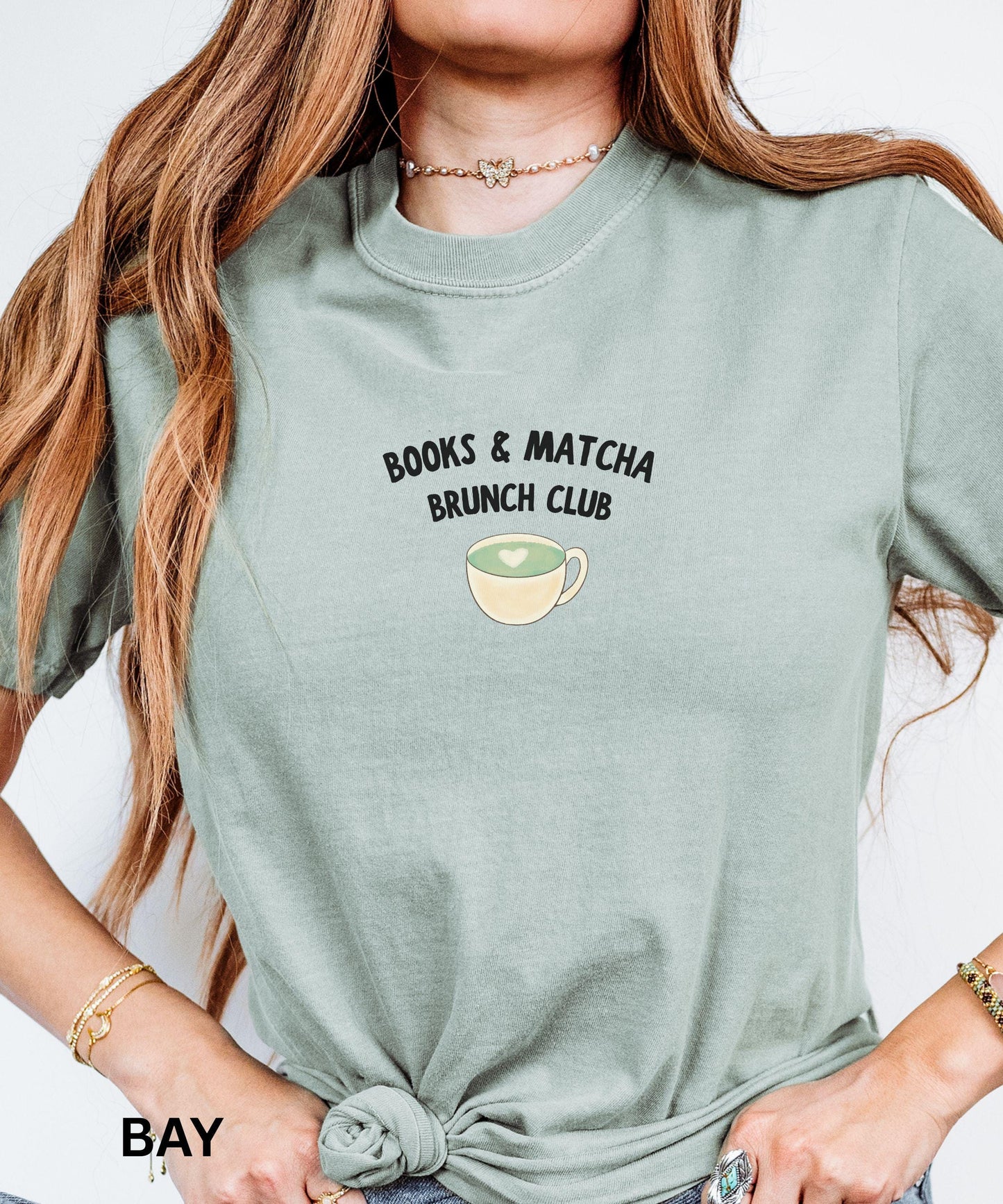 Books & Matcha Shirt, Brunch Club Shirt, Matcha Gift for Booklover Minimalist Bookish Shirt Matcha Latte Reader Shirt Breakfast Brunch Shirt
