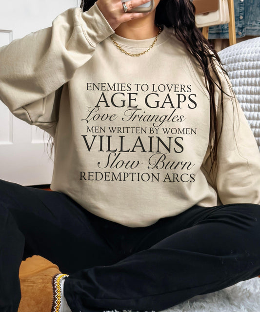 Book Tropes Sweatshirt, Slow Burn Enemies to Lovers,Men Written By Women Sweatshirt, Dark Romance Villain Lover Sweatshirt Author Gifts