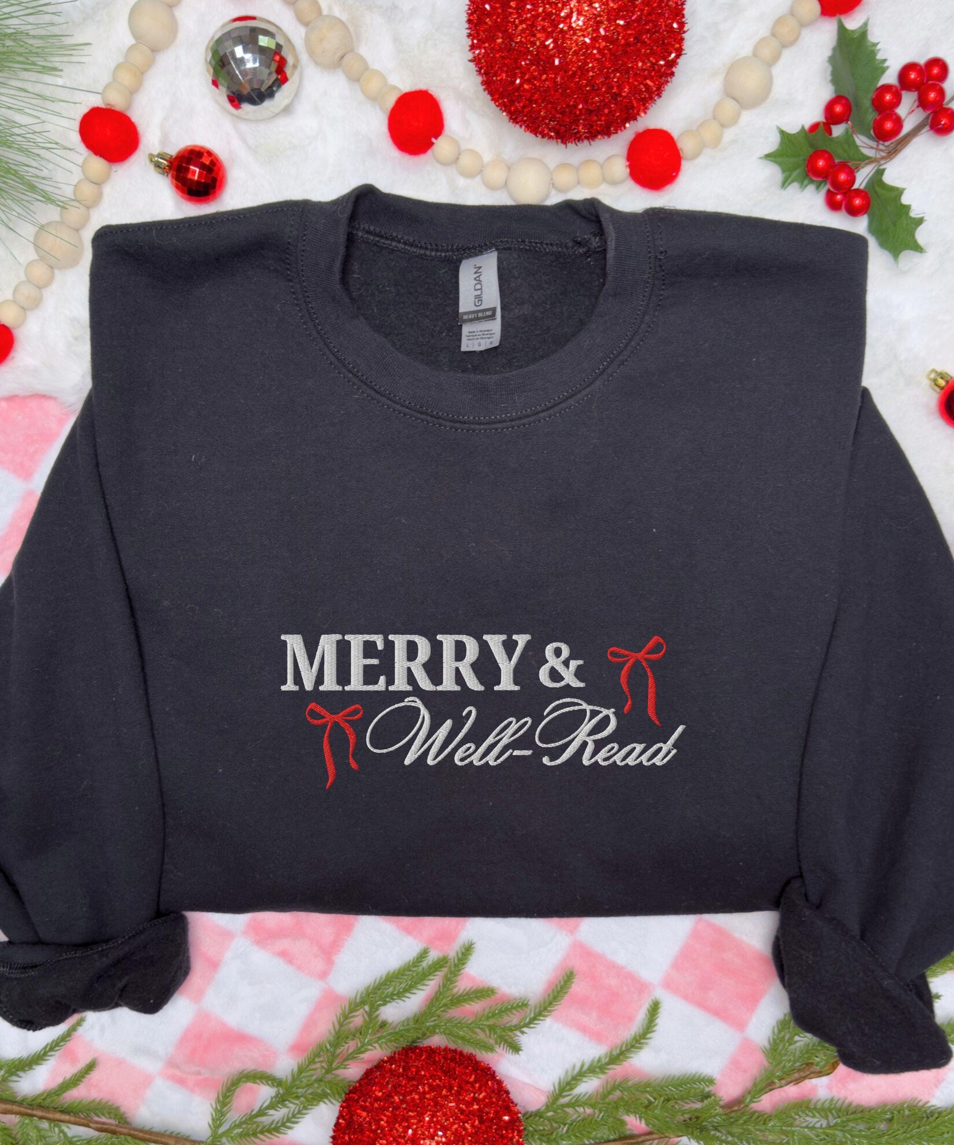 Merry and Well-Read Embroidered Sweatshirt, Bookish Christmas Bow Sweatshirt Well-Read Woman Crewneck, Feminist Christmas Book Shirt