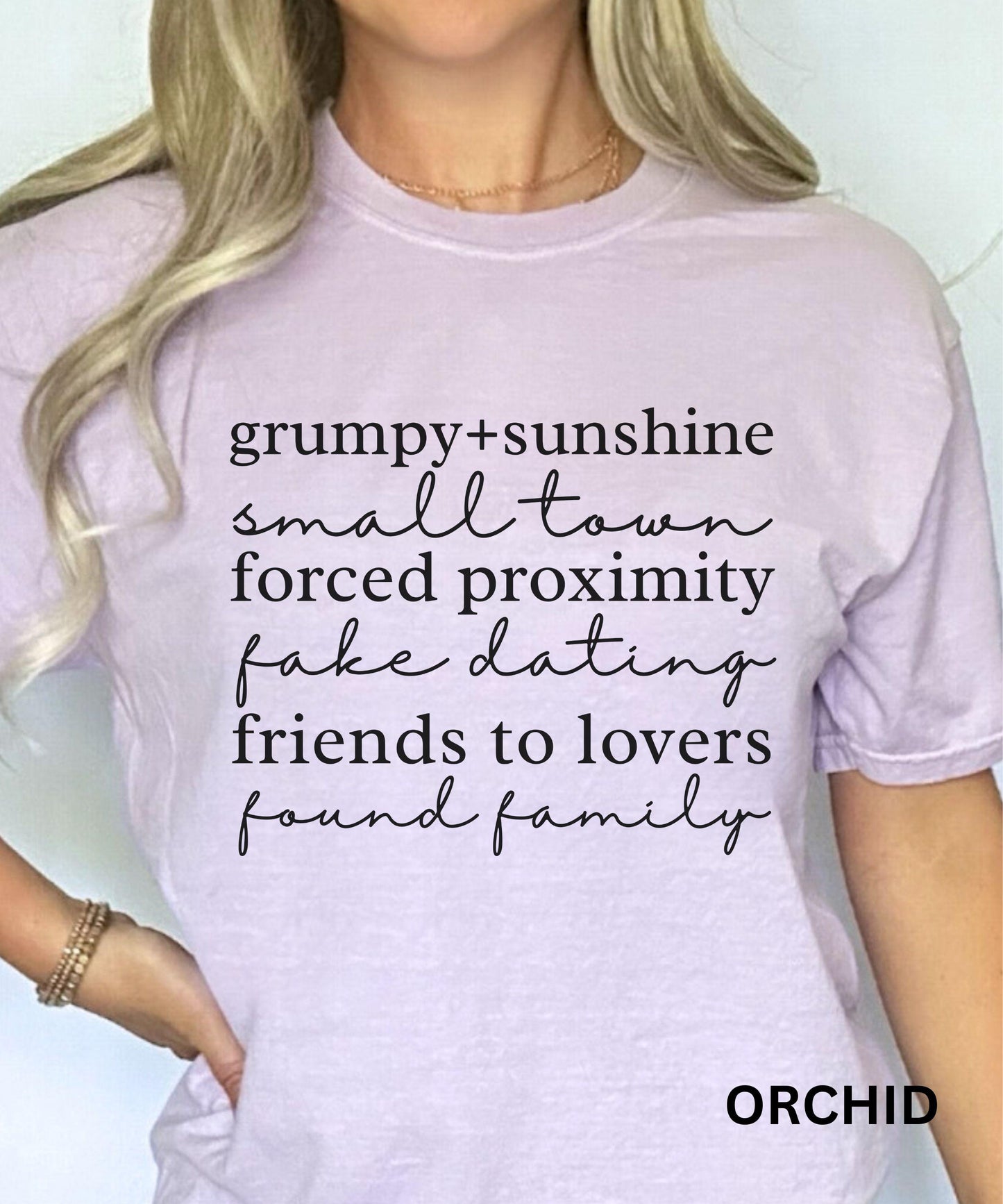 Small Town Romance Tropes Shirt: Grumpy Sunshine, Forced Proximity Found Family Friends to Lovers Fake Dating Shirt, Romance Book Merch