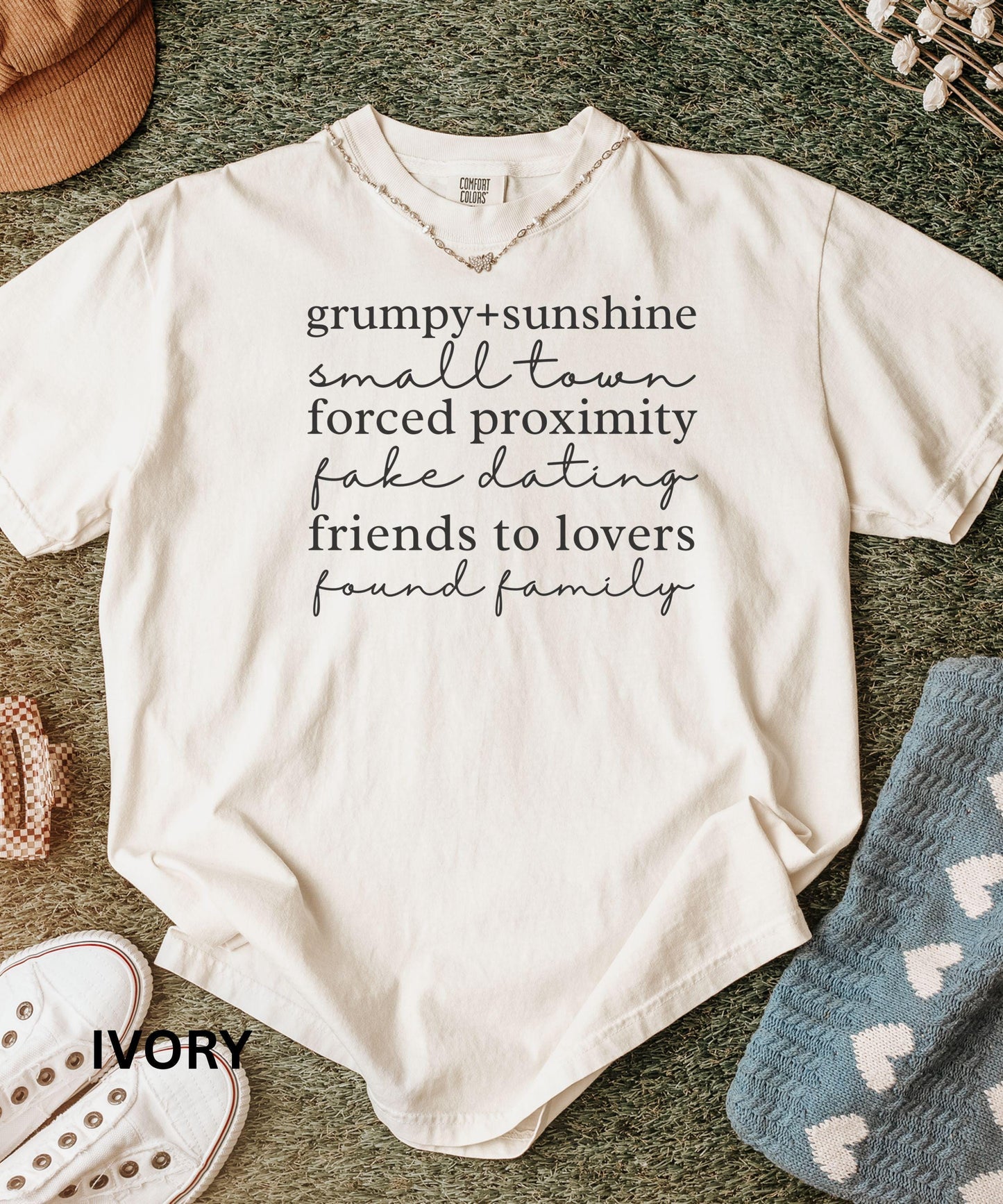 Small Town Romance Tropes Shirt: Grumpy Sunshine, Forced Proximity Found Family Friends to Lovers Fake Dating Shirt, Romance Book Merch