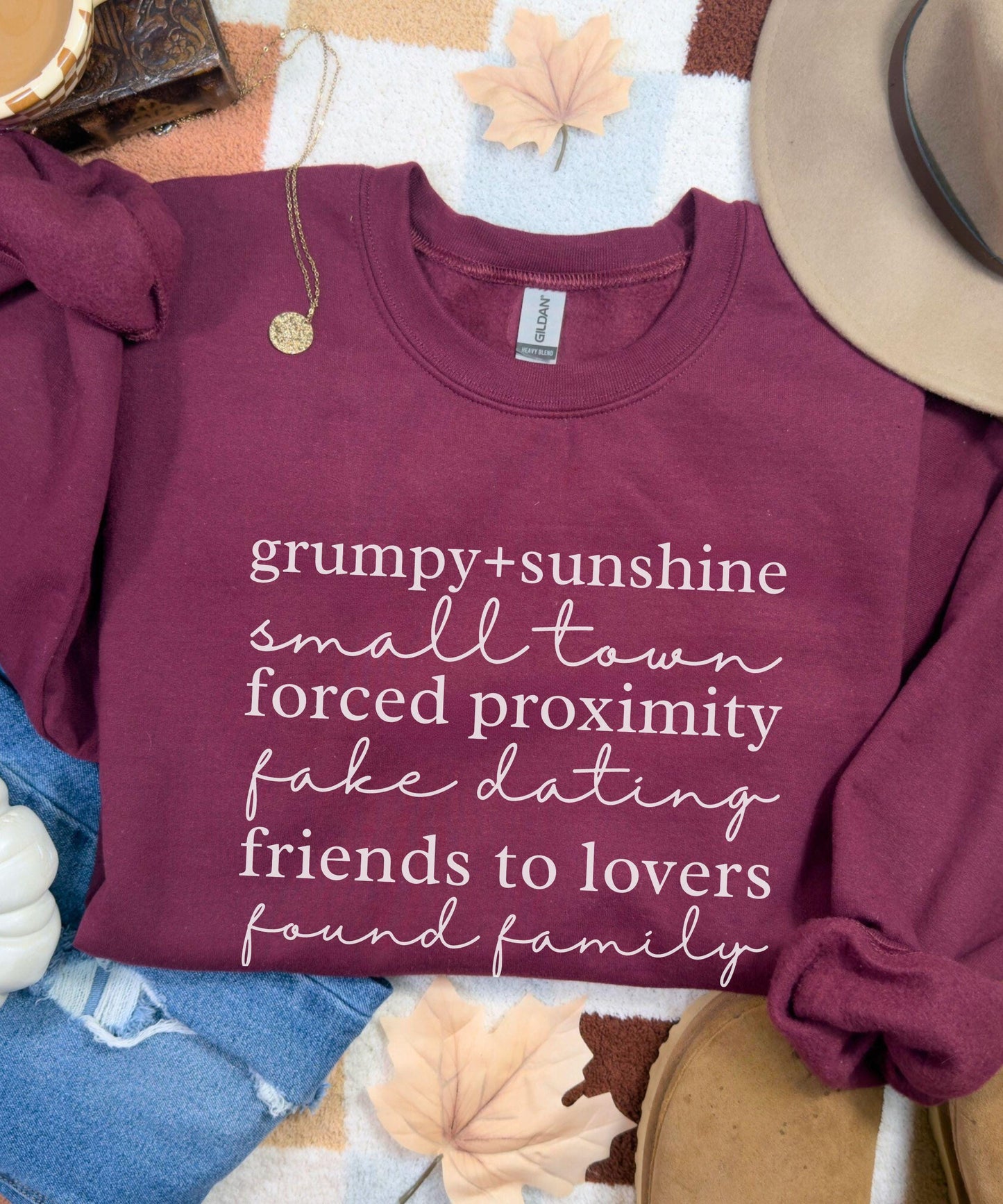 Small Town RomanceTropes Sweatshirt: Grumpy Sunshine Fake Dating Found Family Forced Proximity Friends To Lovers Sweater Romance Book Merch