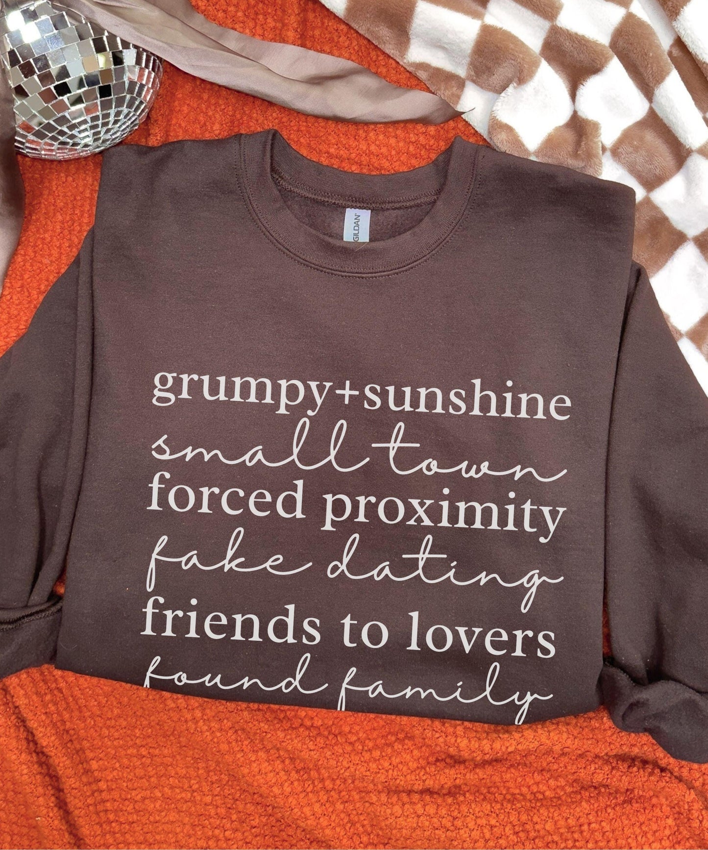 Small Town RomanceTropes Sweatshirt: Grumpy Sunshine Fake Dating Found Family Forced Proximity Friends To Lovers Sweater Romance Book Merch