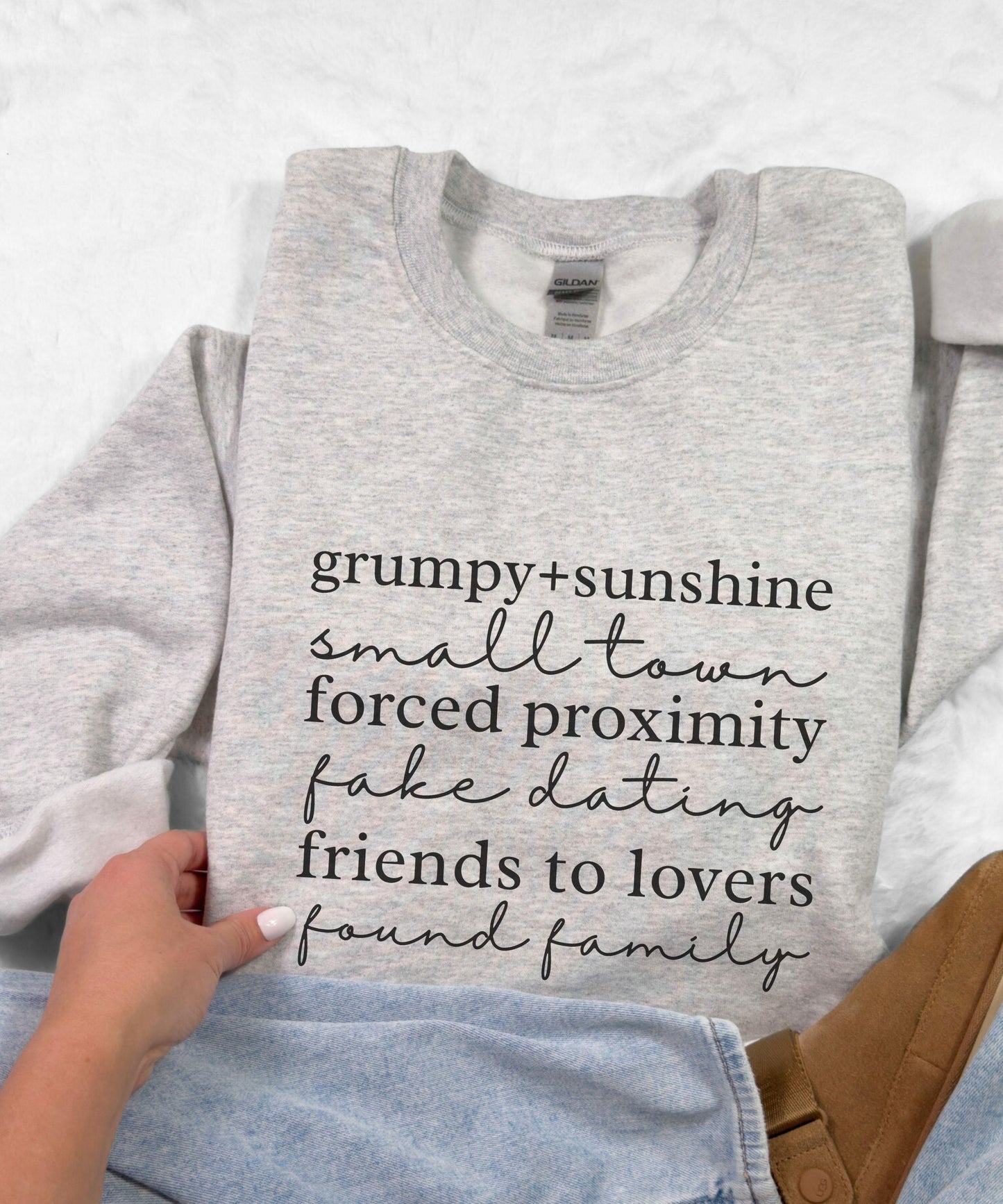 Small Town RomanceTropes Sweatshirt: Grumpy Sunshine Fake Dating Found Family Forced Proximity Friends To Lovers Sweater Romance Book Merch