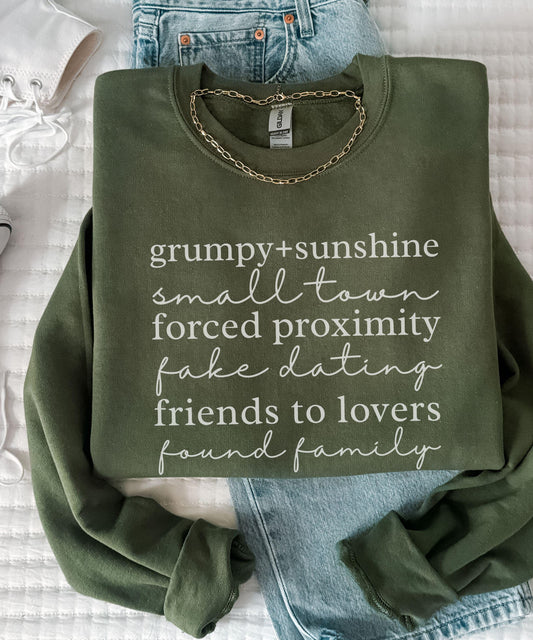 Small Town RomanceTropes Sweatshirt: Grumpy Sunshine Fake Dating Found Family Forced Proximity Friends To Lovers Sweater Romance Book Merch
