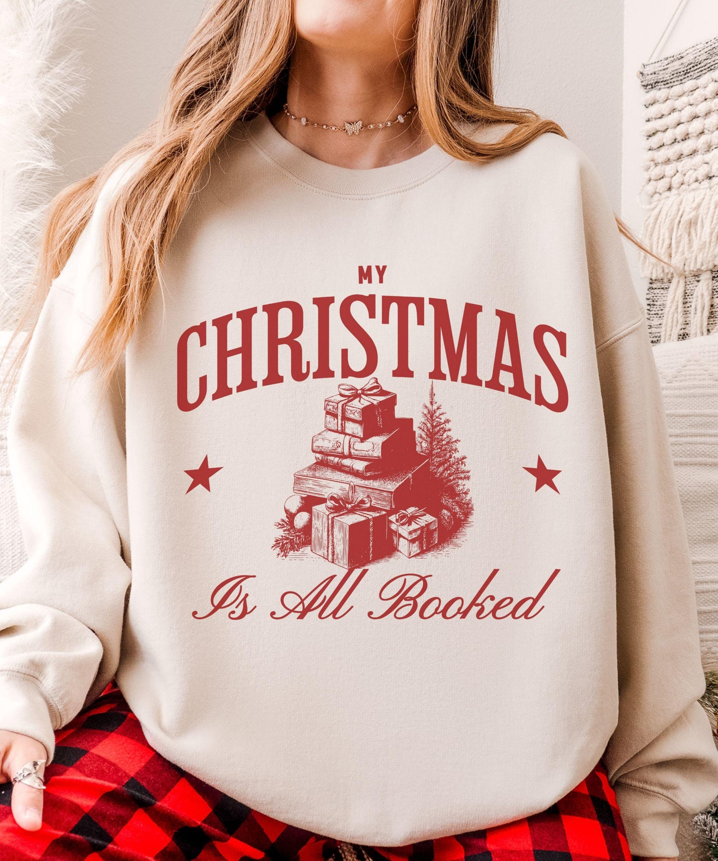My Christmas Is All Booked Sweatshirt, Christmas Book Shirt, Vintage Christmas Graphic Crewneck, Holiday Sweatshirts for Book Lovers
