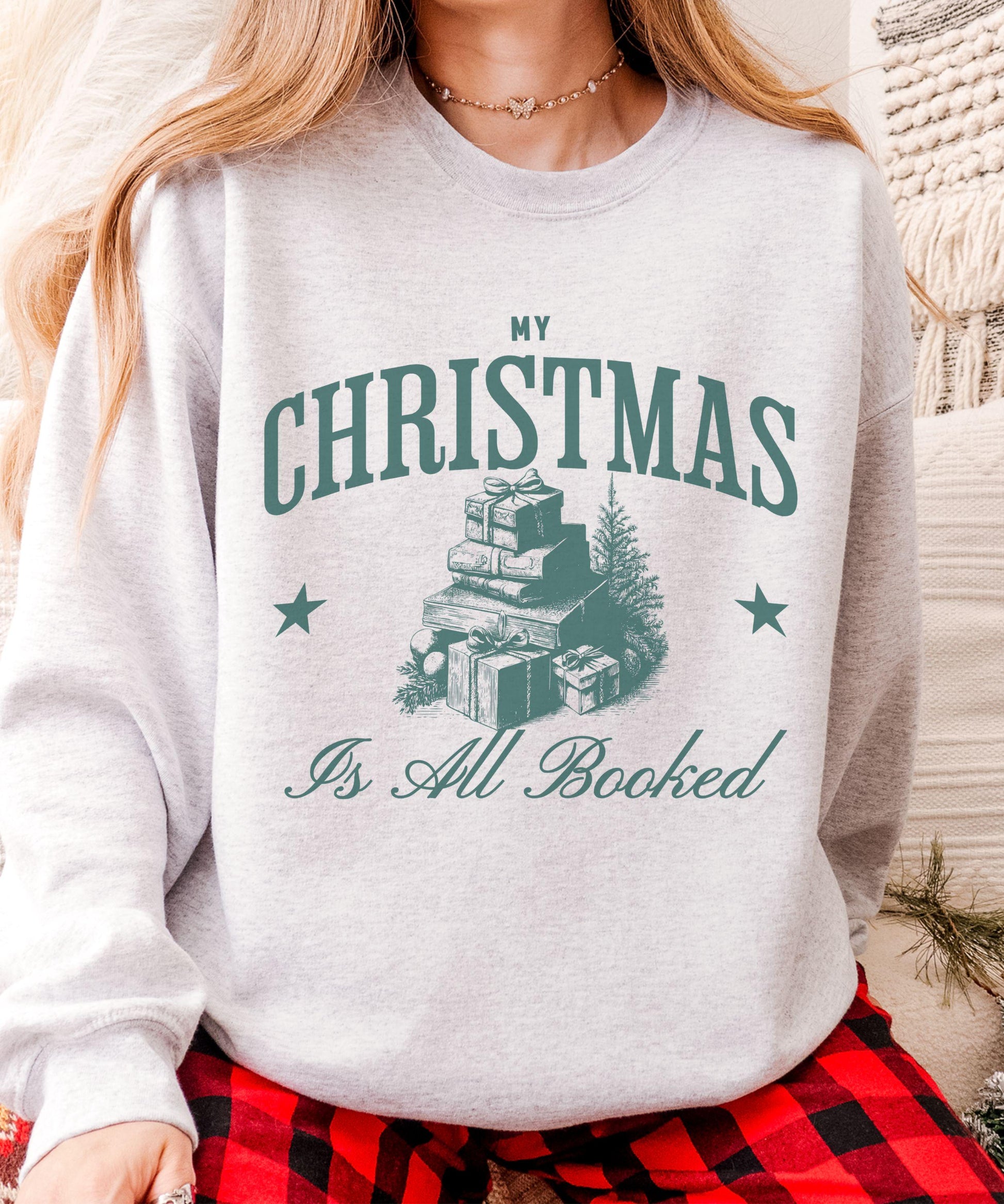 My Christmas Is All Booked Sweatshirt, Christmas Book Shirt, Vintage Christmas Graphic Crewneck, Holiday Sweatshirts for Book Lovers