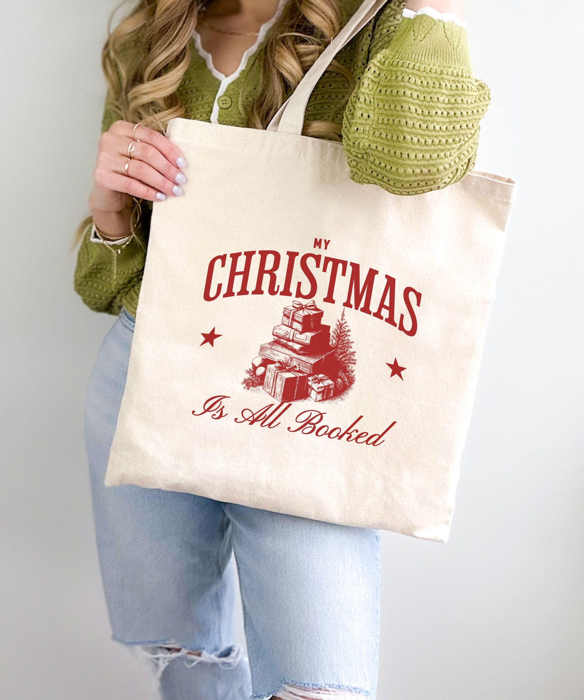 My Christmas is All Booked Tote Bag, Bookish Christmas Tote Bag, Reusable Book Gift Bag, Holiday Book Club Gifts, Reader Gift