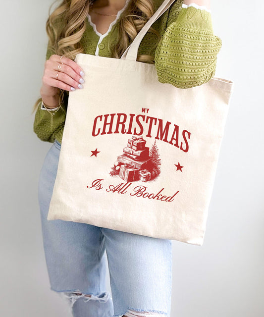 My Christmas is All Booked Tote Bag, Bookish Christmas Tote Bag, Reusable Book Gift Bag, Holiday Book Club Gifts, Reader Gift