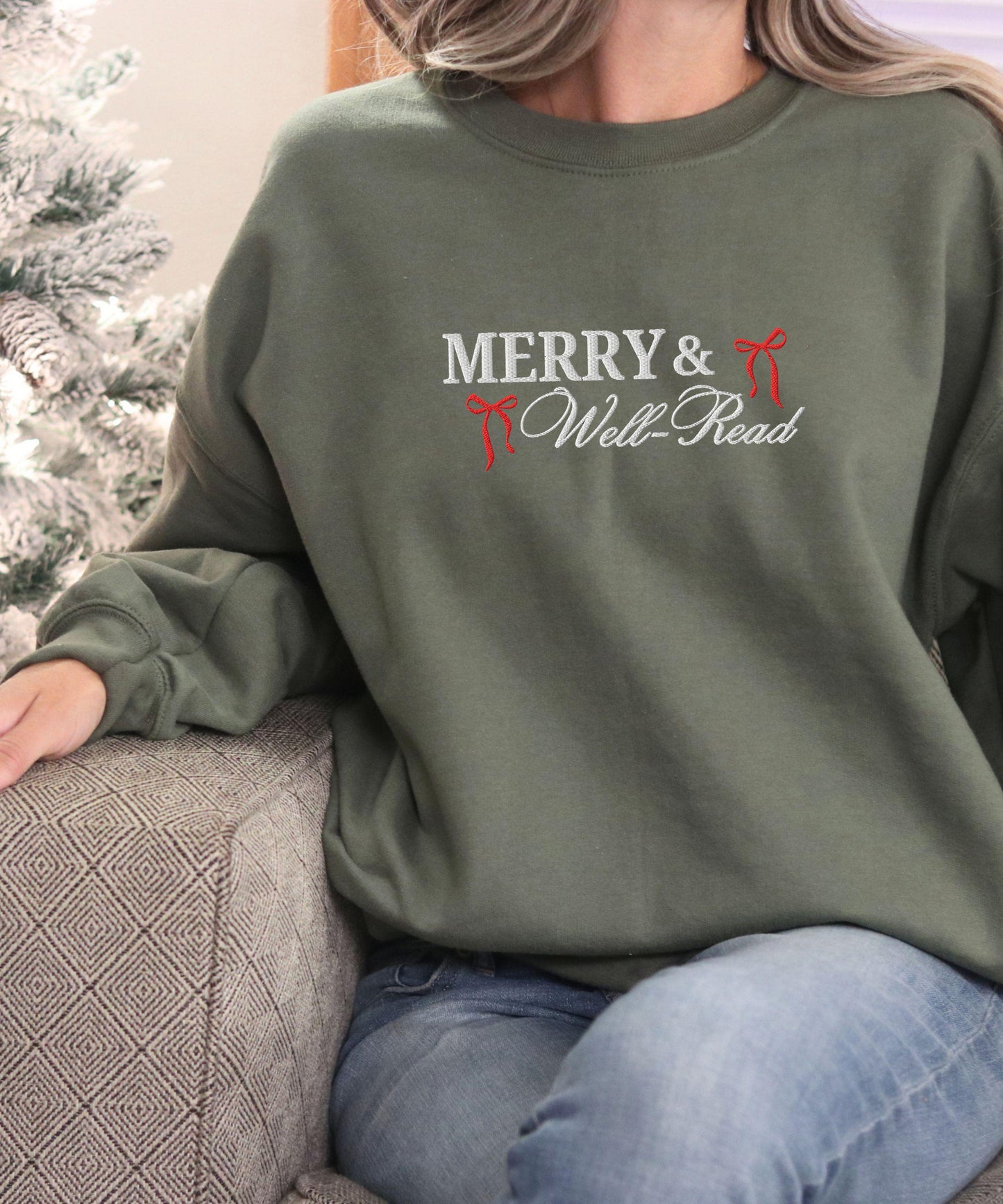 Merry and Well-Read Embroidered Sweatshirt, Bookish Christmas Bow Sweatshirt Well-Read Woman Crewneck, Feminist Christmas Book Shirt